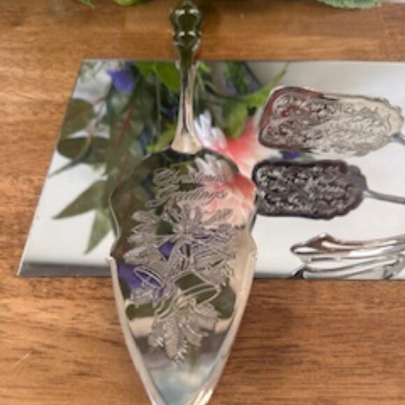 Vintage Silver Tone Cake Server and Ornate Pastry Tongs – Holiday Etched Christm - Picture 5 of 5